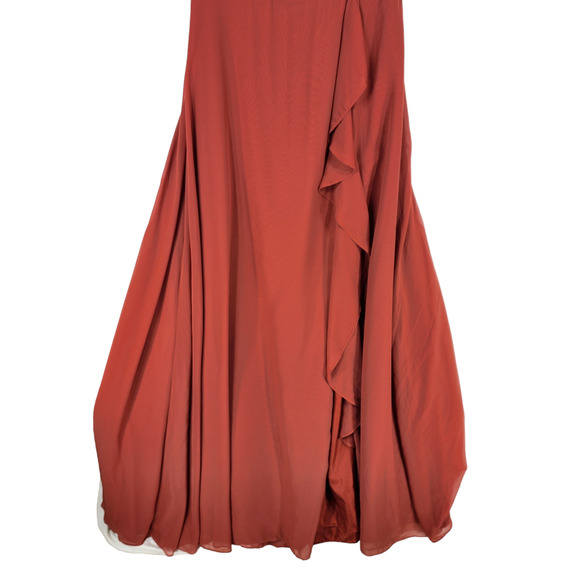 Azazie Halter Maxi Dress sz 10 Women Caramel Burnt Orange Front Slit Ruffle READ - Picture 4 of 12
